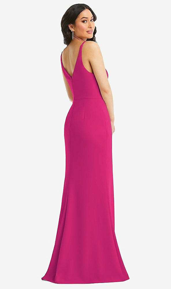 Back View - Think Pink Skinny Strap Deep V-Neck Crepe Trumpet Gown with Front Slit