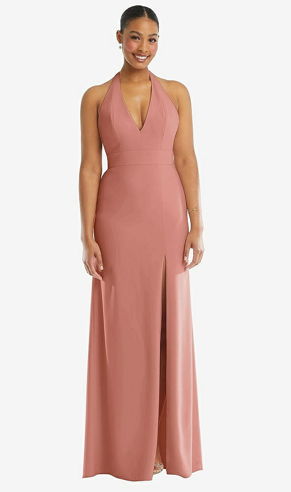 Front View - Desert Rose Plunge Neck Halter Backless Trumpet Gown with Front Slit