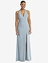 Front View Thumbnail - Mist Plunge Neck Halter Backless Trumpet Gown with Front Slit
