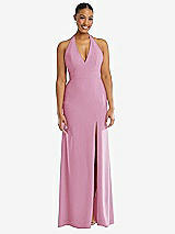 Front View Thumbnail - Powder Pink Plunge Neck Halter Backless Trumpet Gown with Front Slit