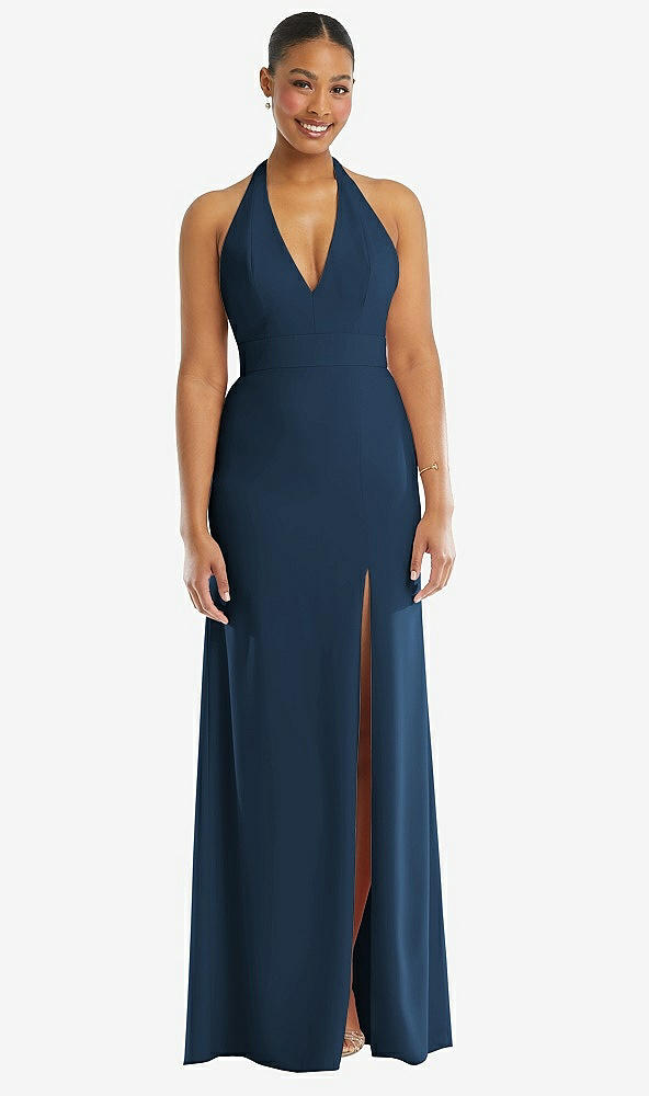 Front View - Sofia Blue Plunge Neck Halter Backless Trumpet Gown with Front Slit