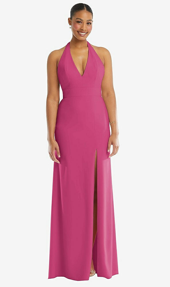 Front View - Tea Rose Plunge Neck Halter Backless Trumpet Gown with Front Slit