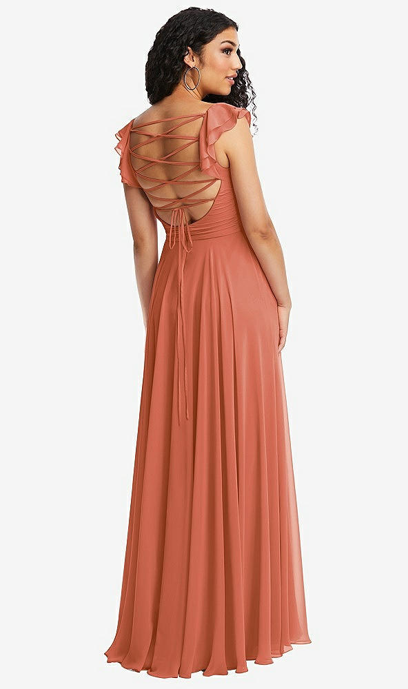 Front View - Terracotta Copper Shirred Cross Bodice Lace Up Open-Back Maxi Dress with Flutter Sleeves