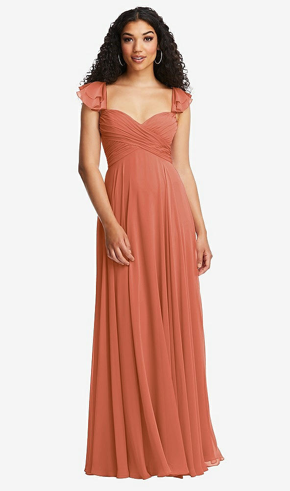 Back View - Terracotta Copper Shirred Cross Bodice Lace Up Open-Back Maxi Dress with Flutter Sleeves