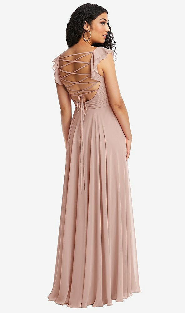 Front View - Toasted Sugar Shirred Cross Bodice Lace Up Open-Back Maxi Dress with Flutter Sleeves