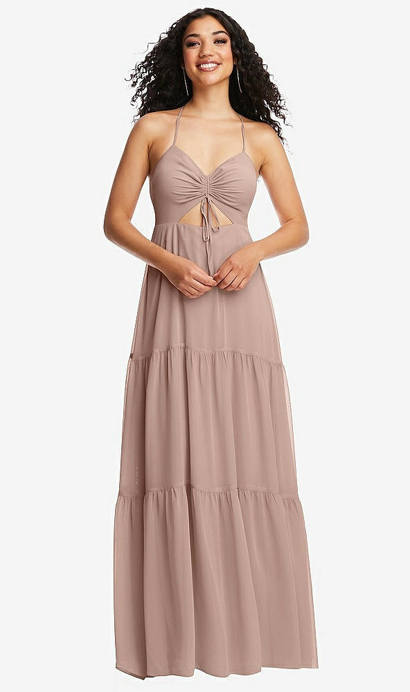 Front View - Bliss Drawstring Bodice Gathered Tie Open-Back Maxi Dress with Tiered Skirt