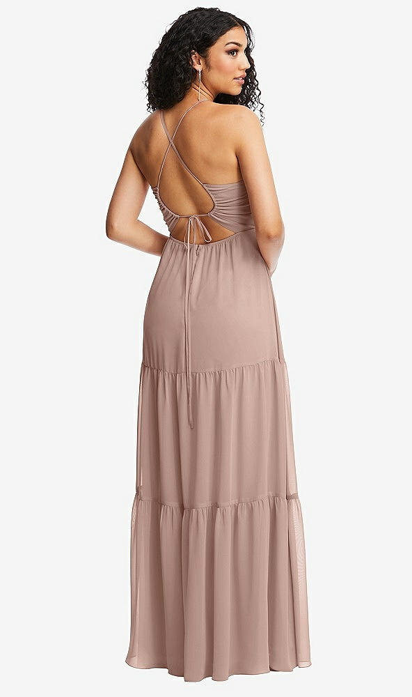 Back View - Bliss Drawstring Bodice Gathered Tie Open-Back Maxi Dress with Tiered Skirt