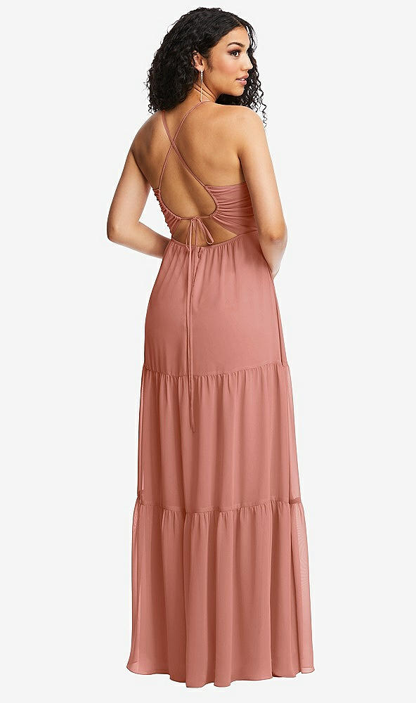 Back View - Desert Rose Drawstring Bodice Gathered Tie Open-Back Maxi Dress with Tiered Skirt