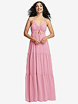 Front View Thumbnail - Peony Pink Drawstring Bodice Gathered Tie Open-Back Maxi Dress with Tiered Skirt