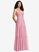 Side View Thumbnail - Peony Pink Drawstring Bodice Gathered Tie Open-Back Maxi Dress with Tiered Skirt