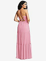 Rear View Thumbnail - Peony Pink Drawstring Bodice Gathered Tie Open-Back Maxi Dress with Tiered Skirt