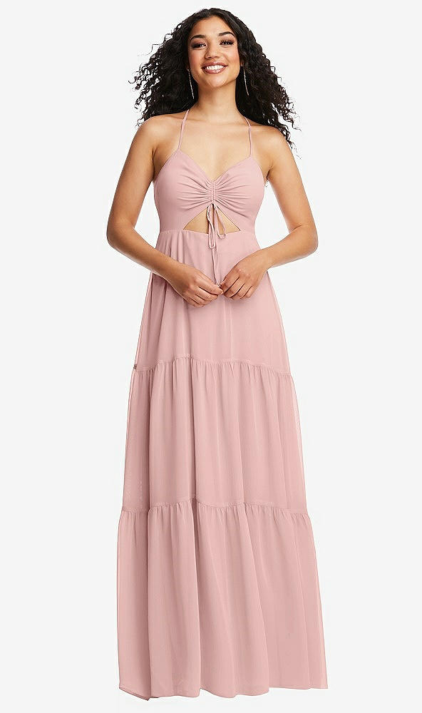 Front View - Rose - PANTONE Rose Quartz Drawstring Bodice Gathered Tie Open-Back Maxi Dress with Tiered Skirt