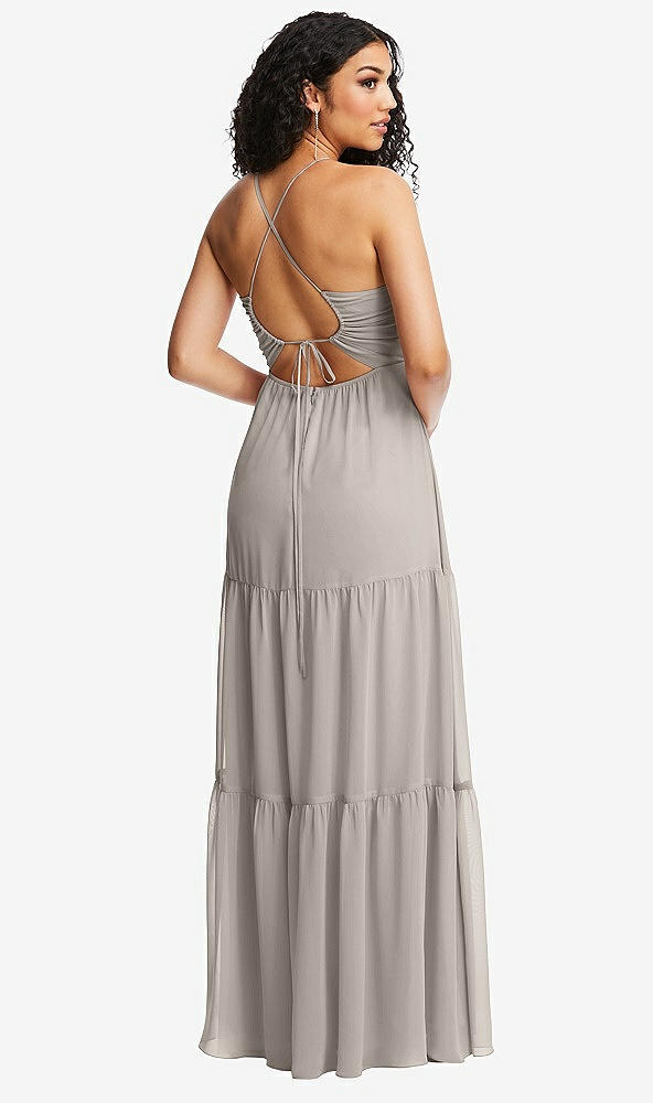 Back View - Taupe Drawstring Bodice Gathered Tie Open-Back Maxi Dress with Tiered Skirt