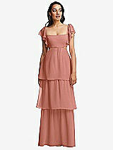 Front View Thumbnail - Desert Rose Flutter Sleeve Cutout Tie-Back Maxi Dress with Tiered Ruffle Skirt