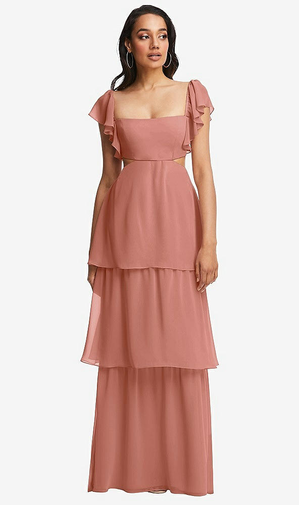 Front View - Desert Rose Flutter Sleeve Cutout Tie-Back Maxi Dress with Tiered Ruffle Skirt