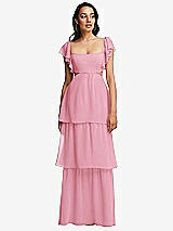 Front View Thumbnail - Peony Pink Flutter Sleeve Cutout Tie-Back Maxi Dress with Tiered Ruffle Skirt