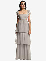 Front View Thumbnail - Taupe Flutter Sleeve Cutout Tie-Back Maxi Dress with Tiered Ruffle Skirt