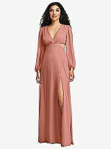 Front View Thumbnail - Desert Rose Long Puff Sleeve Cutout Waist Chiffon Maxi Dress 