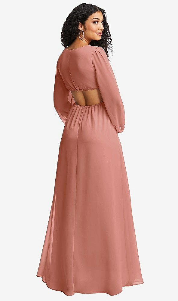 Back View - Desert Rose Long Puff Sleeve Cutout Waist Chiffon Maxi Dress 