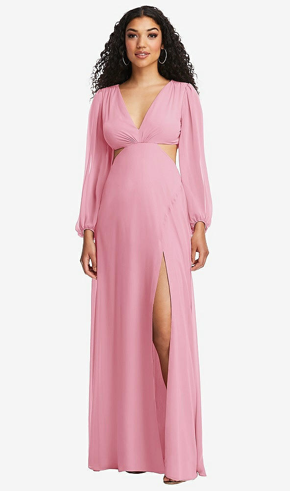 Front View - Peony Pink Long Puff Sleeve Cutout Waist Chiffon Maxi Dress 