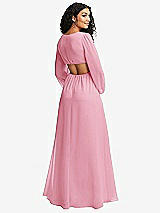 Rear View Thumbnail - Peony Pink Long Puff Sleeve Cutout Waist Chiffon Maxi Dress 