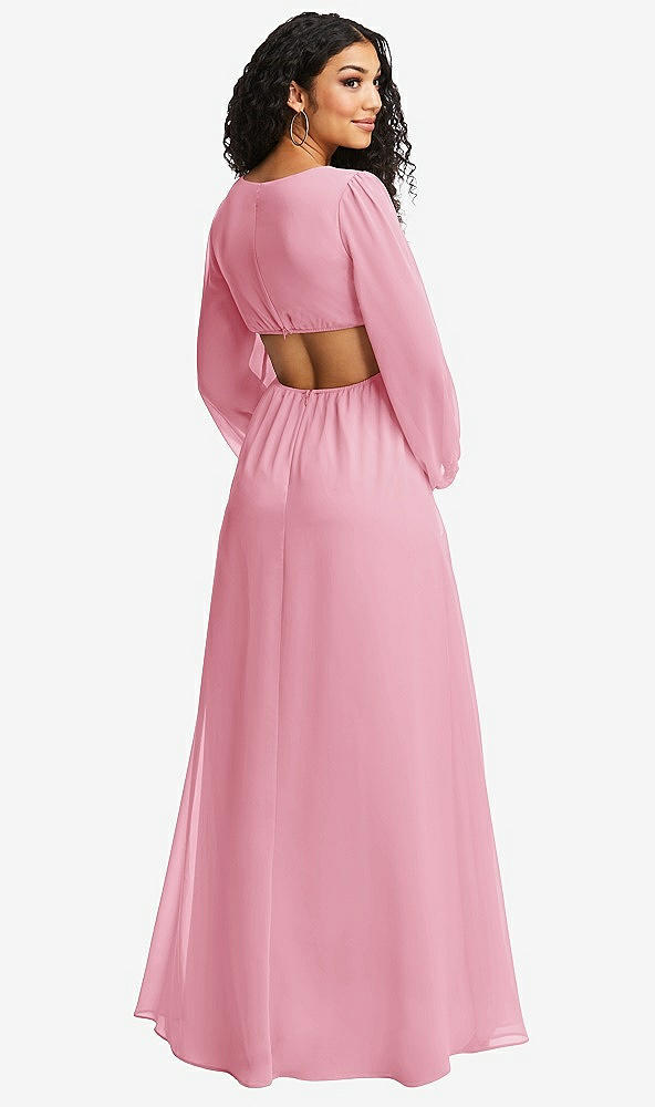 Back View - Peony Pink Long Puff Sleeve Cutout Waist Chiffon Maxi Dress 