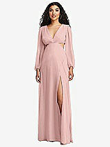 Front View Thumbnail - Rose - PANTONE Rose Quartz Long Puff Sleeve Cutout Waist Chiffon Maxi Dress 