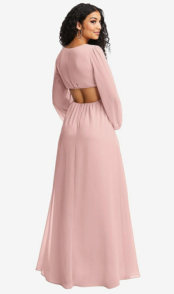 Back View - Rose - PANTONE Rose Quartz Long Puff Sleeve Cutout Waist Chiffon Maxi Dress 