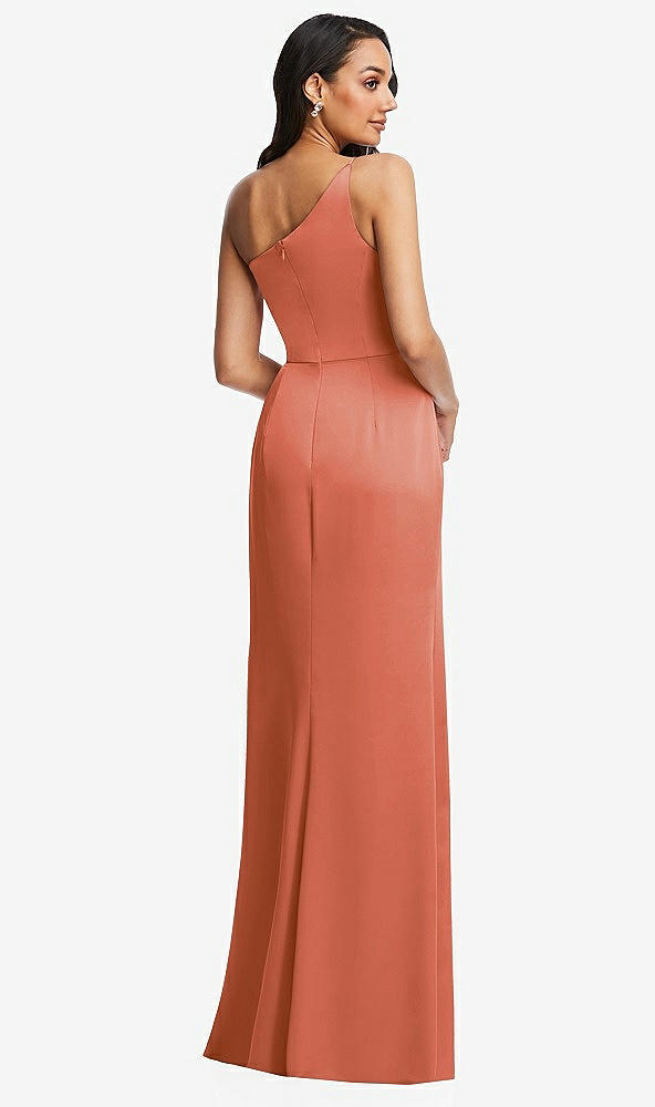 Back View - Terracotta Copper One-Shoulder Draped Skirt Satin Trumpet Gown