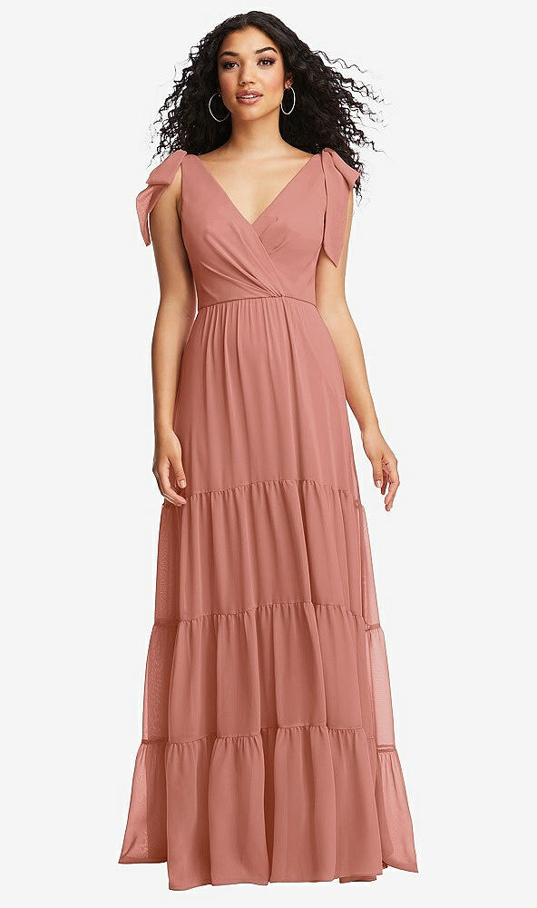 Front View - Desert Rose Bow-Shoulder Faux Wrap Maxi Dress with Tiered Skirt