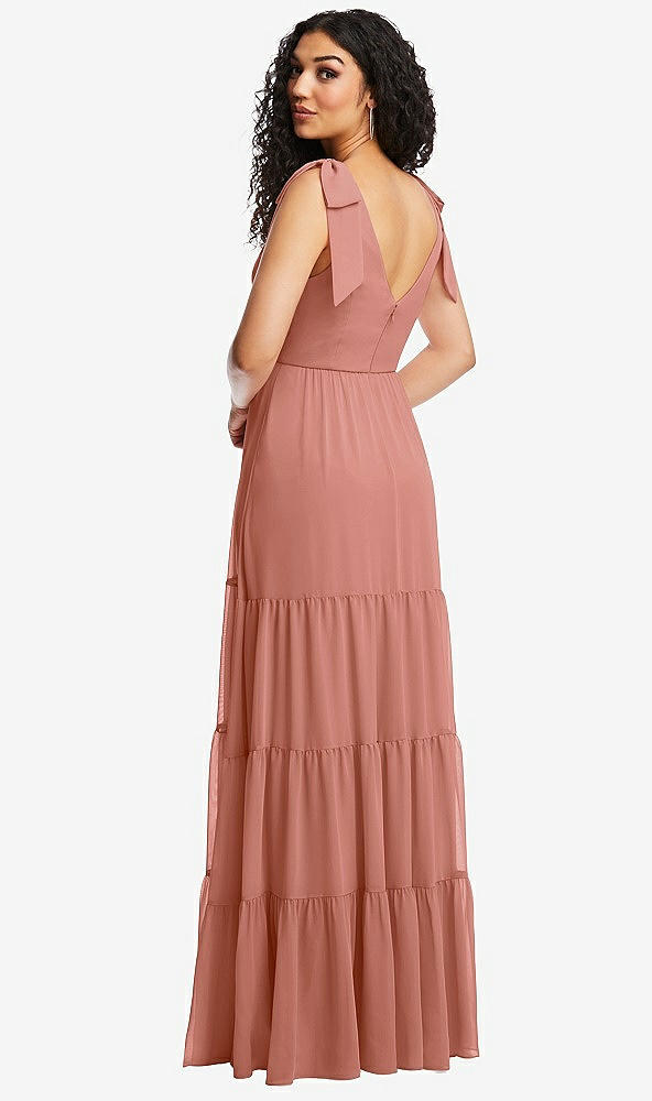 Back View - Desert Rose Bow-Shoulder Faux Wrap Maxi Dress with Tiered Skirt