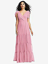 Front View Thumbnail - Peony Pink Bow-Shoulder Faux Wrap Maxi Dress with Tiered Skirt
