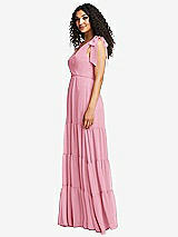 Side View Thumbnail - Peony Pink Bow-Shoulder Faux Wrap Maxi Dress with Tiered Skirt