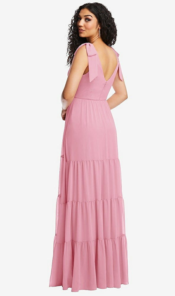 Back View - Peony Pink Bow-Shoulder Faux Wrap Maxi Dress with Tiered Skirt