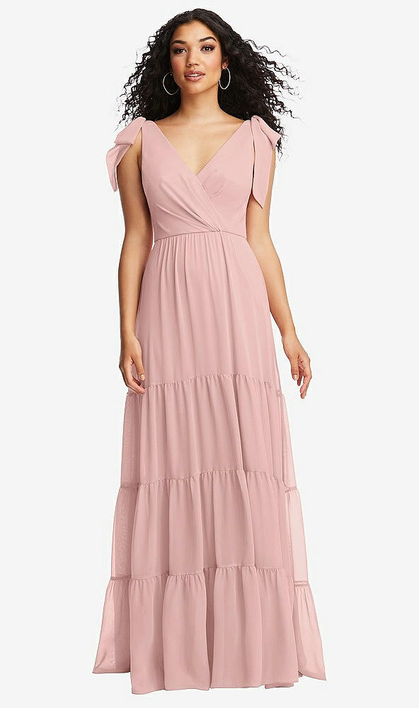 Front View - Rose - PANTONE Rose Quartz Bow-Shoulder Faux Wrap Maxi Dress with Tiered Skirt