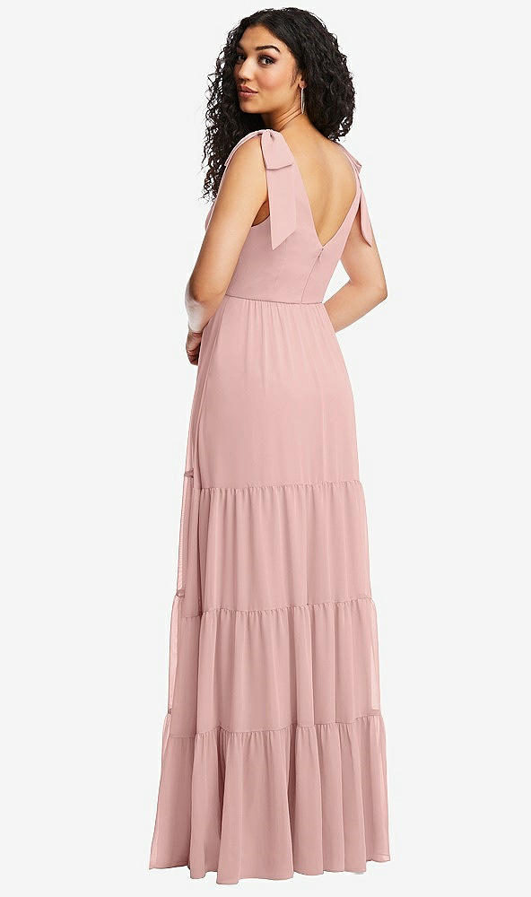Back View - Rose - PANTONE Rose Quartz Bow-Shoulder Faux Wrap Maxi Dress with Tiered Skirt