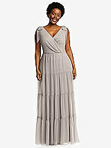 Alt View 1 Thumbnail - Taupe Bow-Shoulder Faux Wrap Maxi Dress with Tiered Skirt