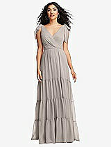 Front View Thumbnail - Taupe Bow-Shoulder Faux Wrap Maxi Dress with Tiered Skirt