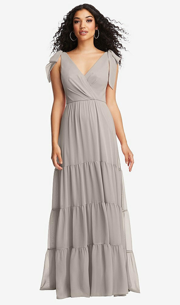Front View - Taupe Bow-Shoulder Faux Wrap Maxi Dress with Tiered Skirt