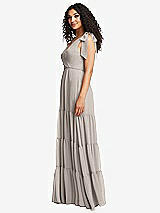 Side View Thumbnail - Taupe Bow-Shoulder Faux Wrap Maxi Dress with Tiered Skirt