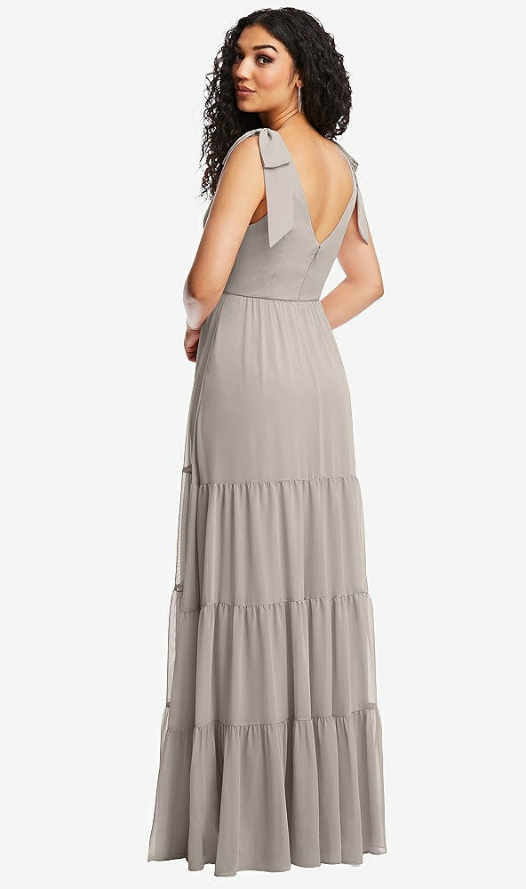 Back View - Taupe Bow-Shoulder Faux Wrap Maxi Dress with Tiered Skirt