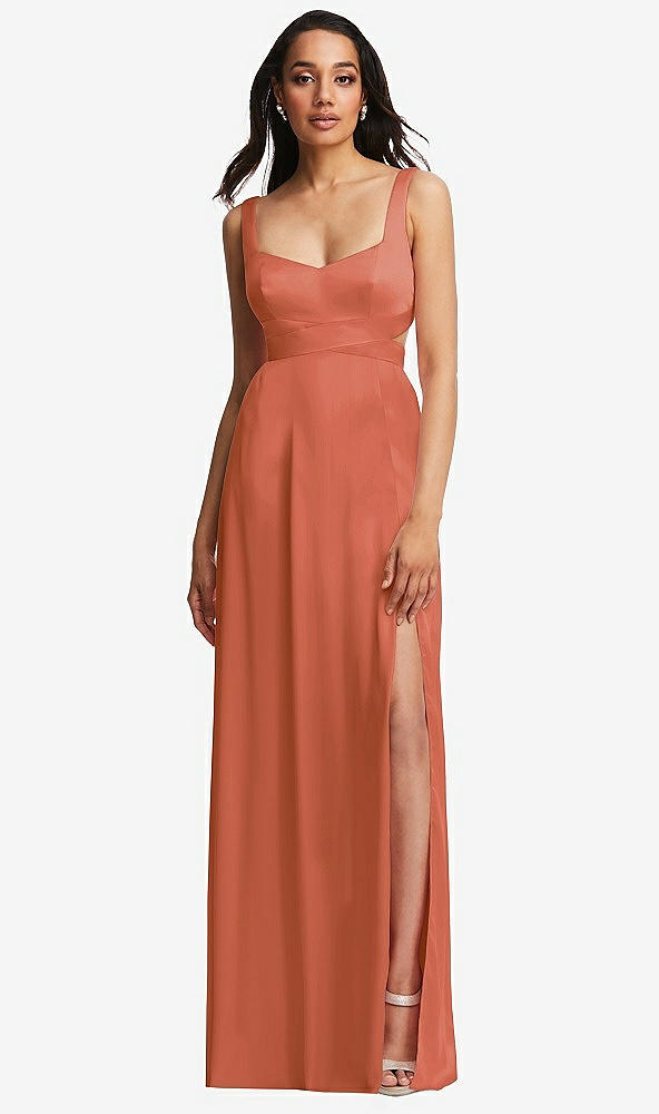 Front View - Terracotta Copper Open Neck Cross Bodice Cutout  Maxi Dress with Front Slit