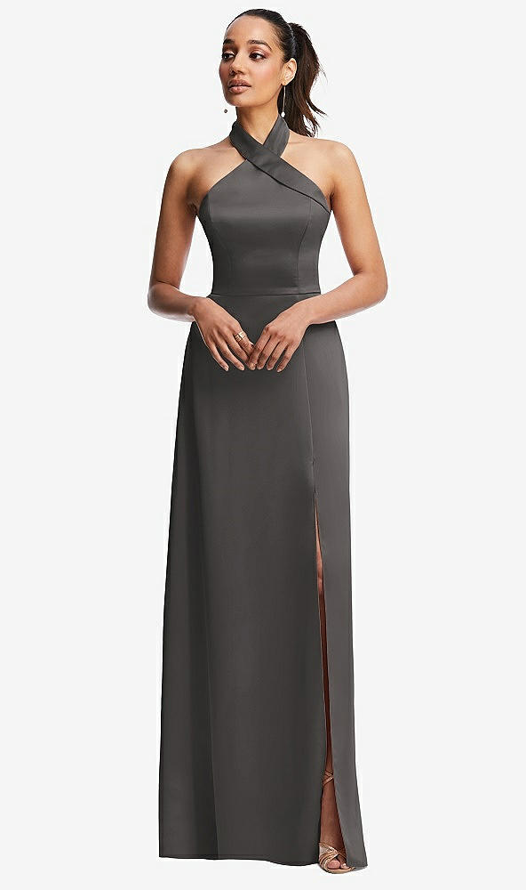 Front View - Caviar Gray Shawl Collar Open-Back Halter Maxi Dress with Pockets