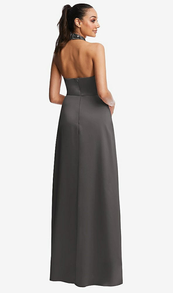 Back View - Caviar Gray Shawl Collar Open-Back Halter Maxi Dress with Pockets