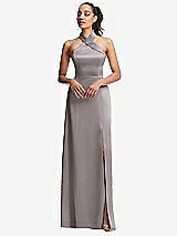 Front View Thumbnail - Cashmere Gray Shawl Collar Open-Back Halter Maxi Dress with Pockets