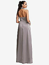 Rear View Thumbnail - Cashmere Gray Shawl Collar Open-Back Halter Maxi Dress with Pockets
