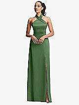 Front View Thumbnail - Vineyard Green Shawl Collar Open-Back Halter Maxi Dress with Pockets