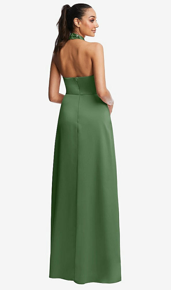 Back View - Vineyard Green Shawl Collar Open-Back Halter Maxi Dress with Pockets