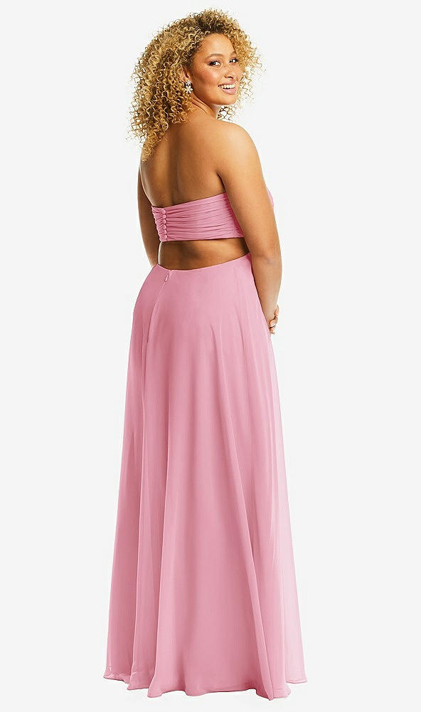 Back View - Peony Pink Strapless Empire Waist Cutout Maxi Dress with Covered Button Detail