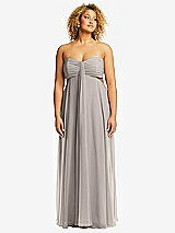Front View Thumbnail - Taupe Strapless Empire Waist Cutout Maxi Dress with Covered Button Detail